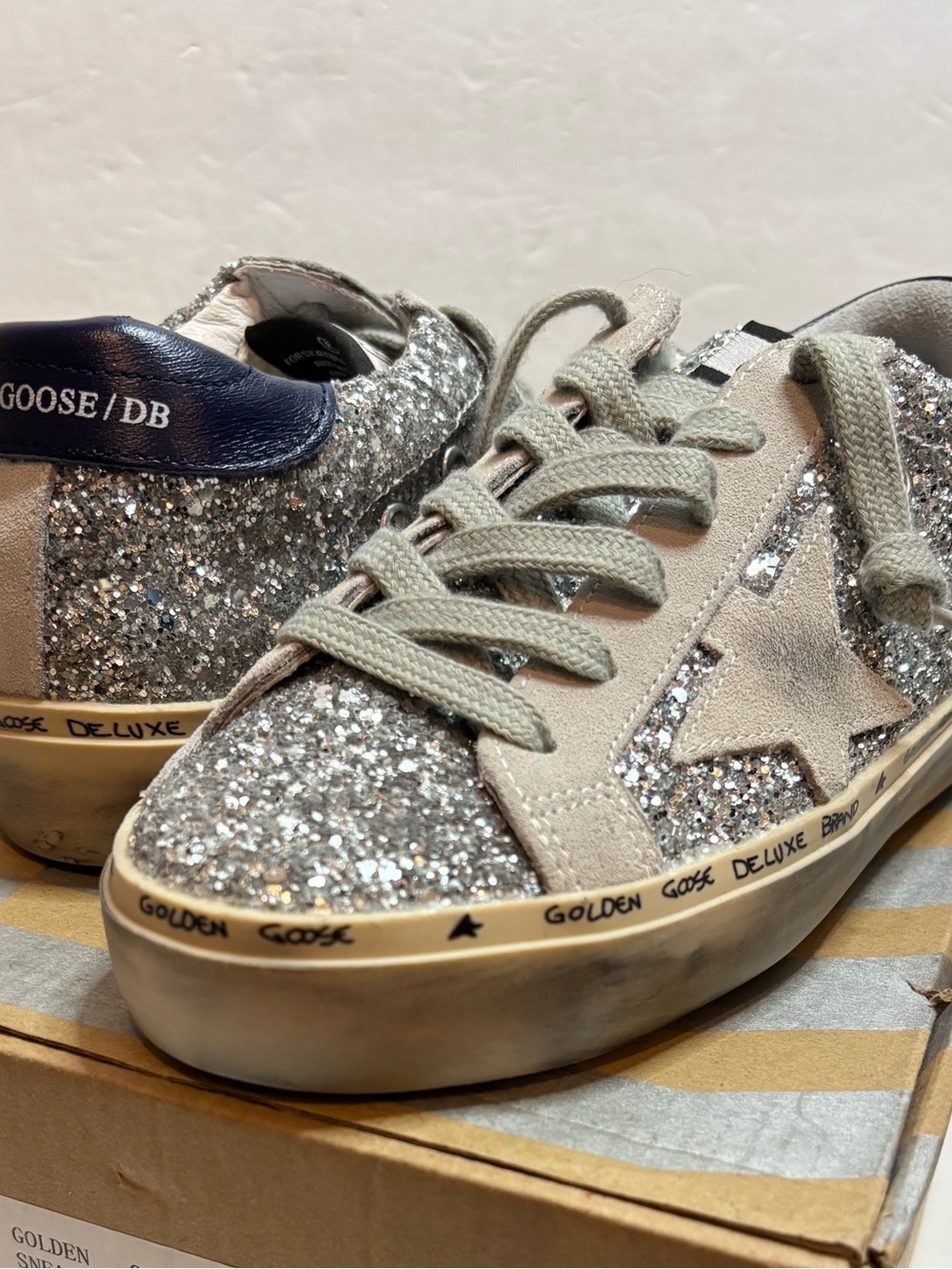 Golden Goose Hi Star Silver Glitter Suede Star Navy Blue Heel Low Sneaker 37/7